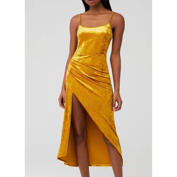 SAYLOR Dresses & Skirts - Revolve Saylor Dress Velvet Formal Midi Slit Gold, Shimmer, Y2K, NWT $242, Sz M